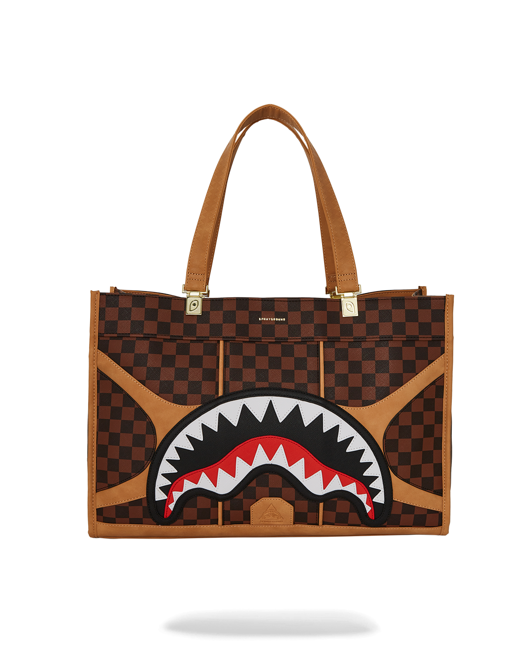 Front view of Tortuga tote showing bold Sprayground print and snap closure
