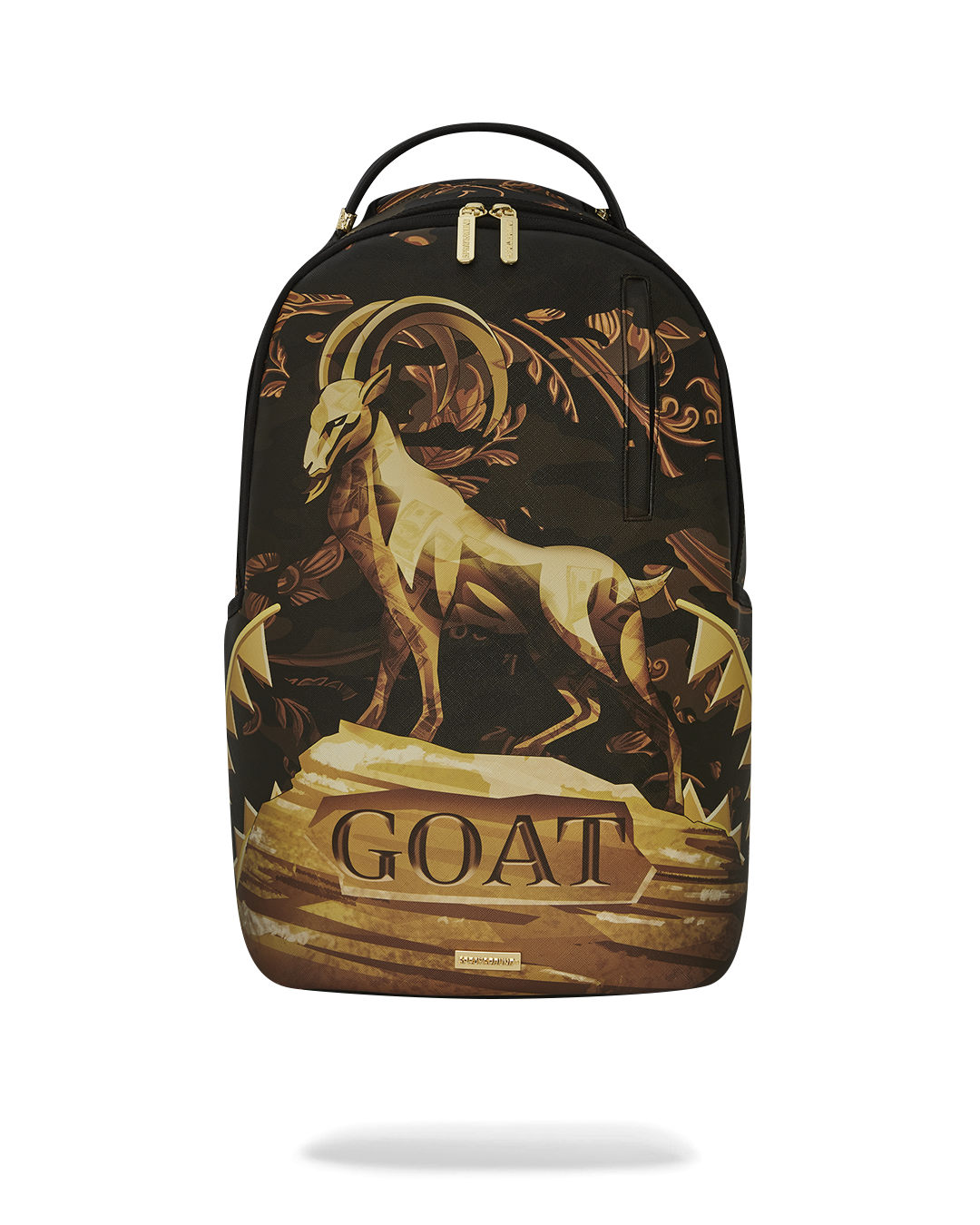 Luxury travel backpack with faux leather finish and gold hardware