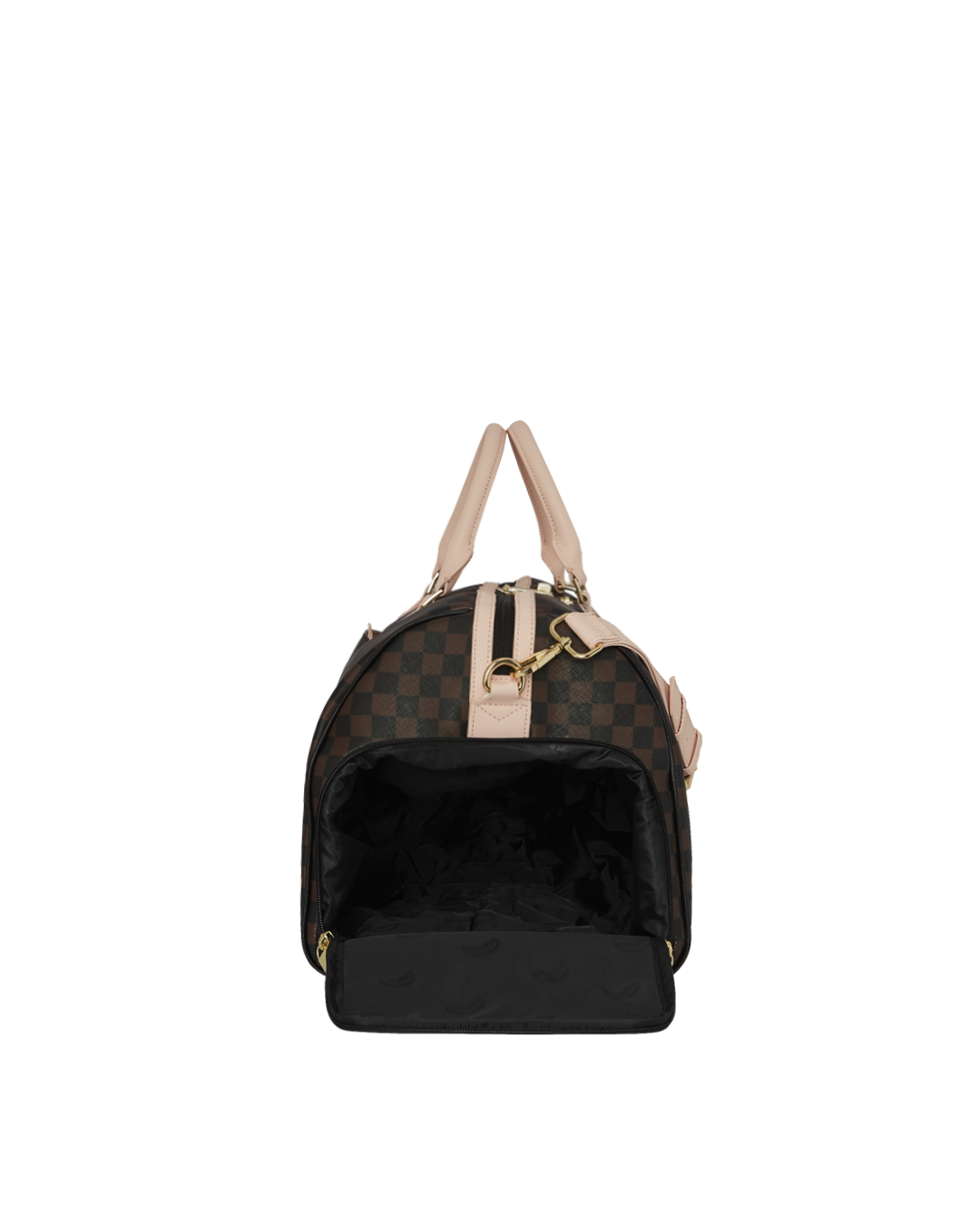 Close-up of the gold zippers on the faux leather gym duffle bag.