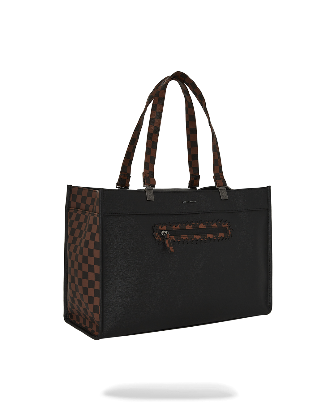 Interior compartments of designer tote bag with laptop sleeve visible