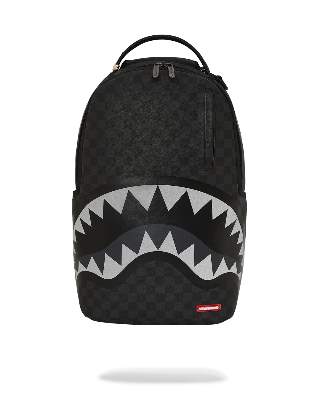 Shark Attack Faux Leather Backpack by Sprayground, front view with shark mouth design