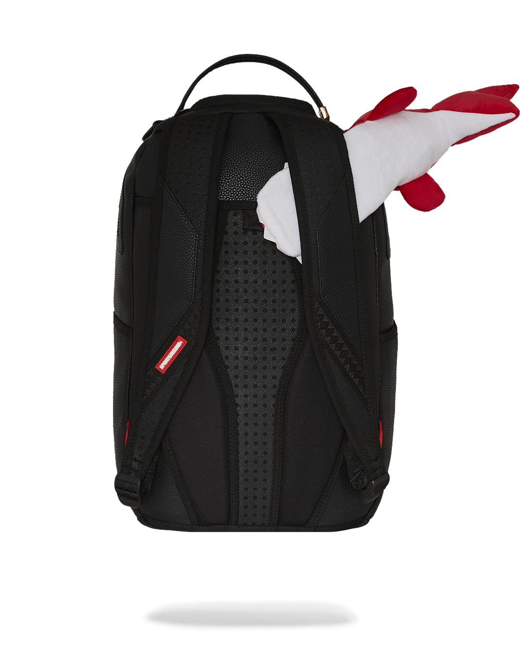 Front angle of fashion backpack showing shark design and metal zippers