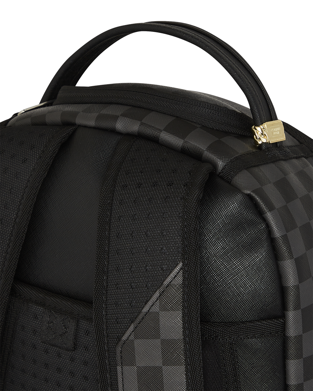 Back view of ergonomic black leather backpack with adjustable straps.