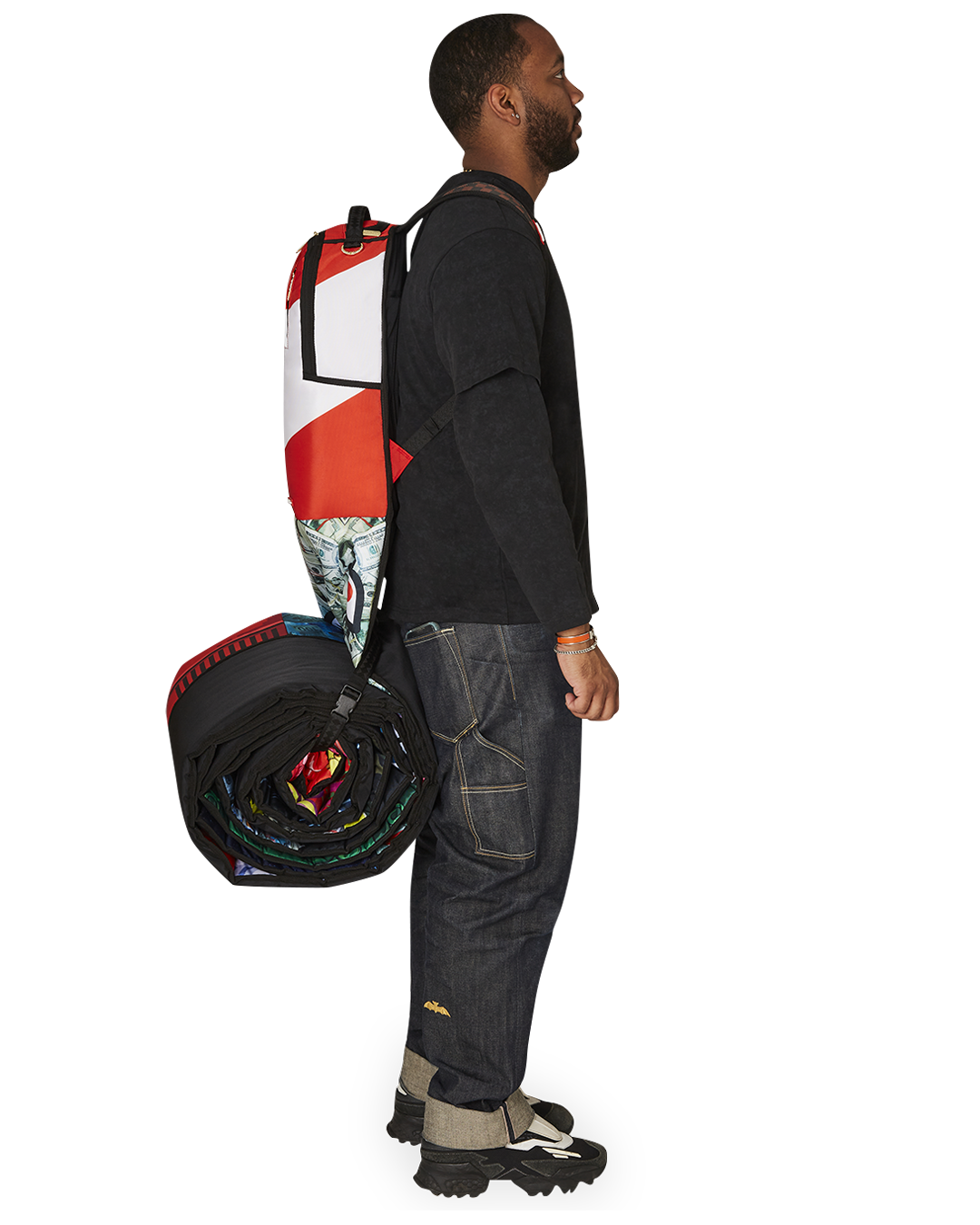 Back view of the clear Sprayground backpack with adjustable straps and gold hardware.