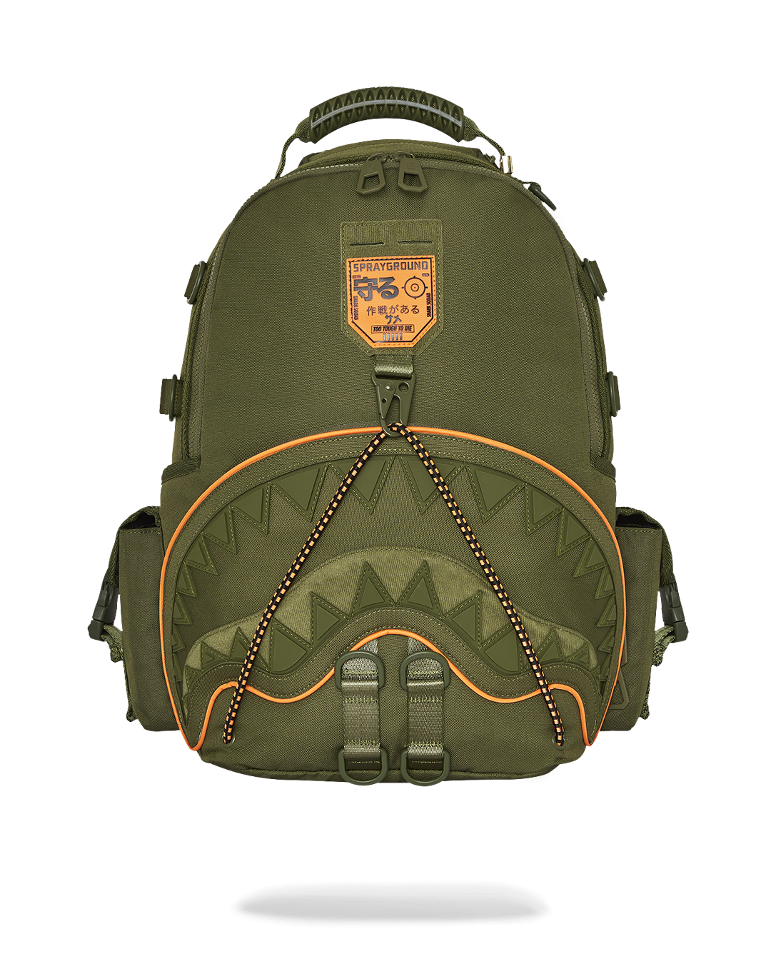 Close-up of Shark Squad tactical backpack showing organizational pockets and patches