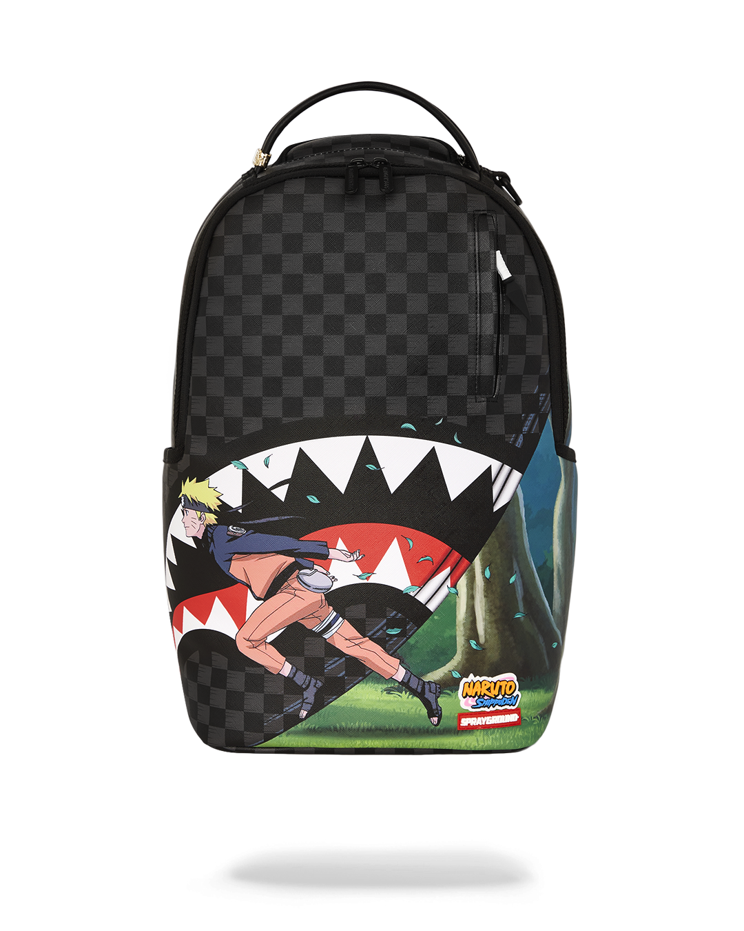 Front view of the leather backpack purse with kunai novelty puller