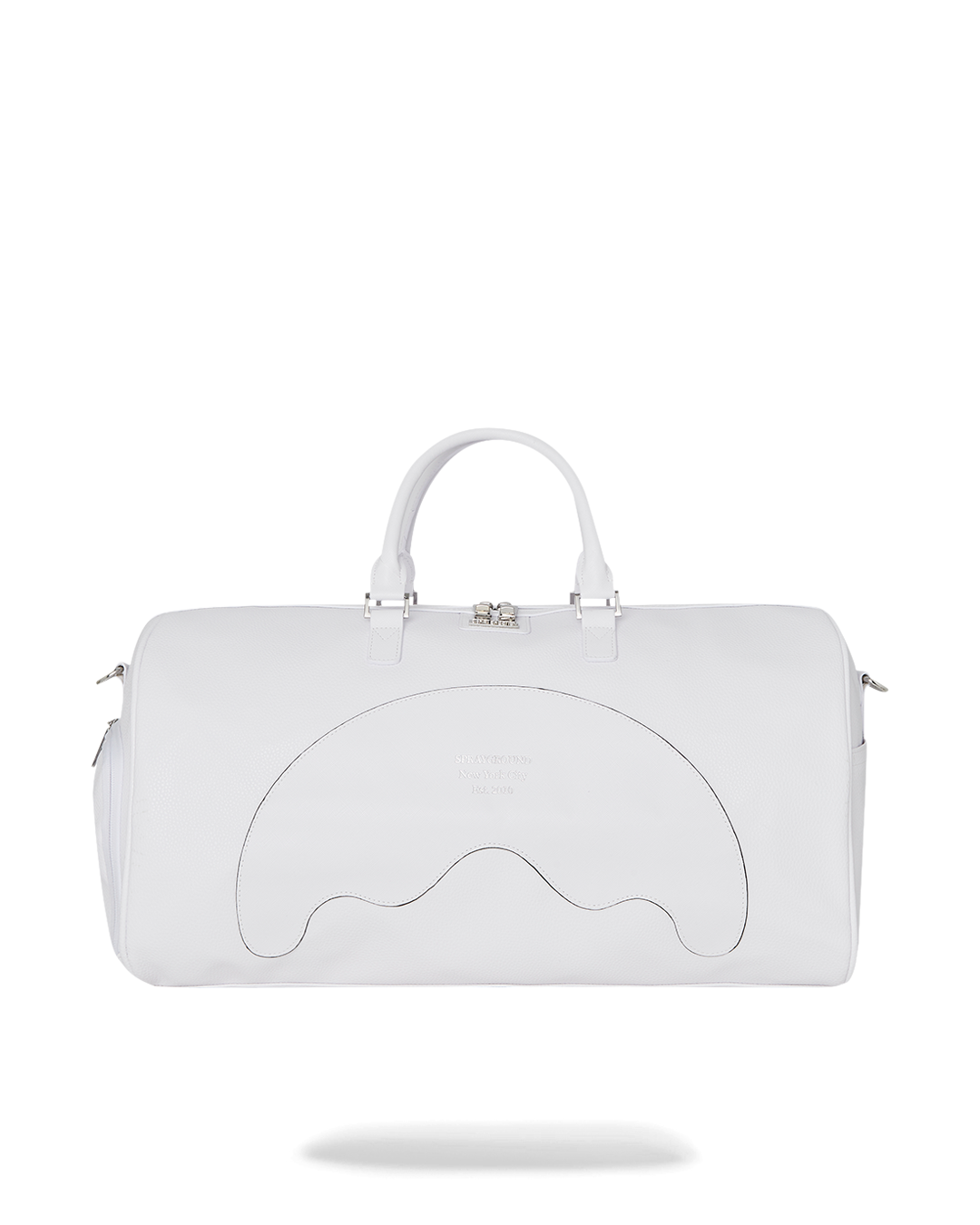 Black faux leather mini duffle bag with adjustable strap, shown in a city setting