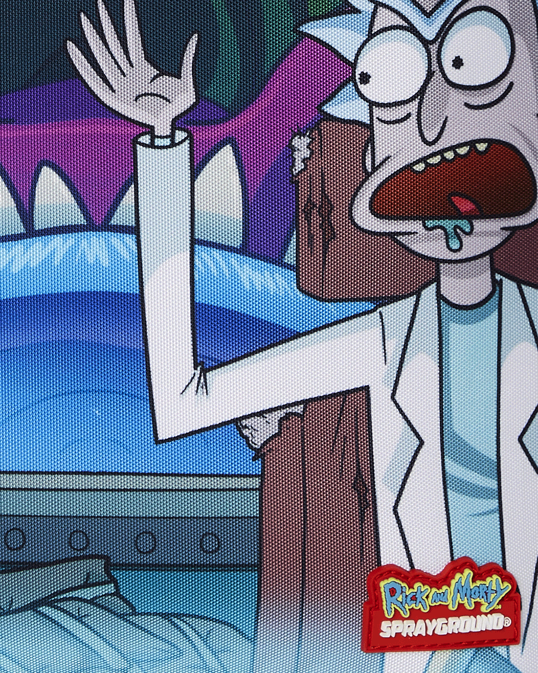 Rick and Morty Sprayground backpack in use, showing ergonomic mesh back padding