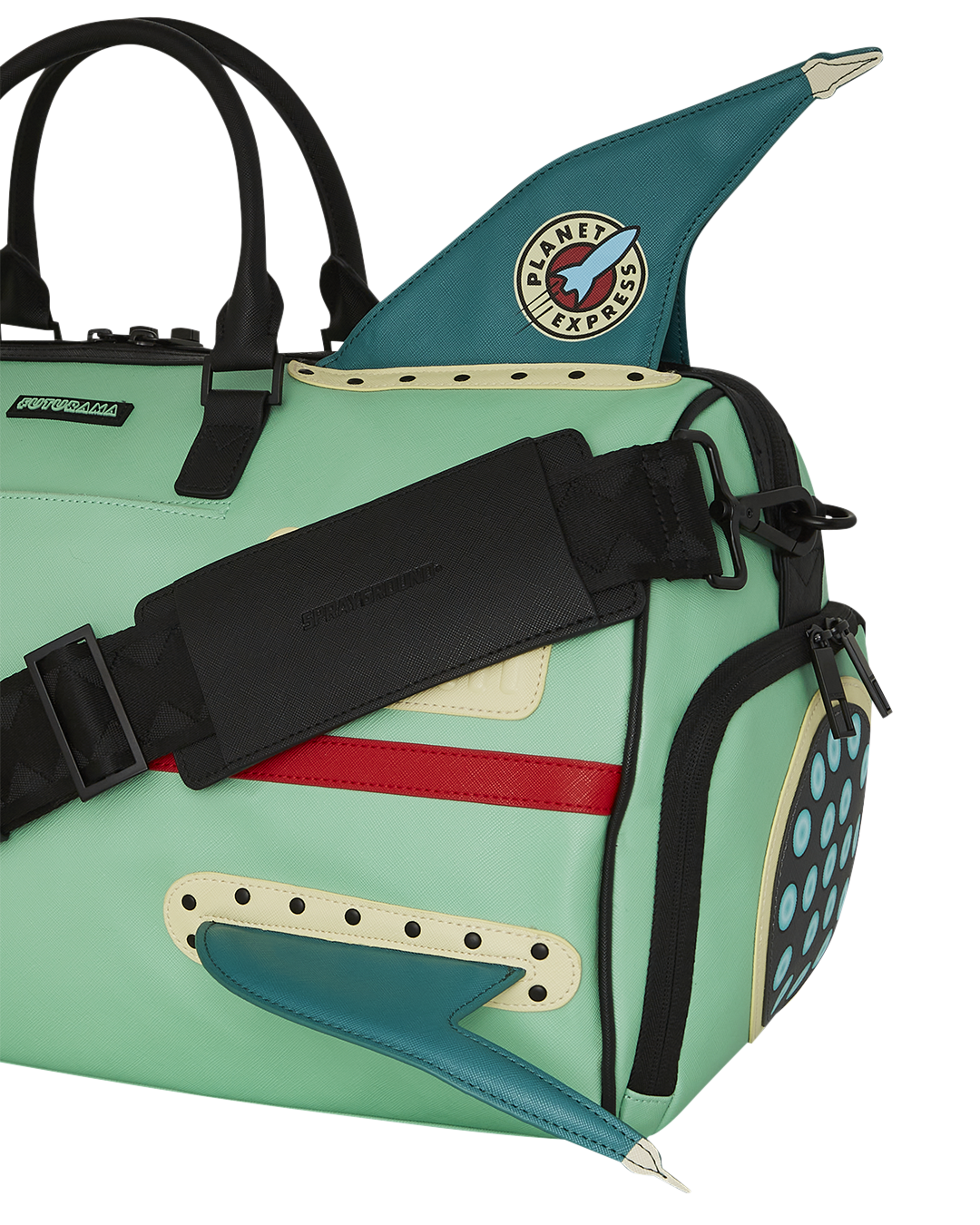 Close-up of the duffle bags metal zipper pocket and character designs on the side, showcasing its premium features.