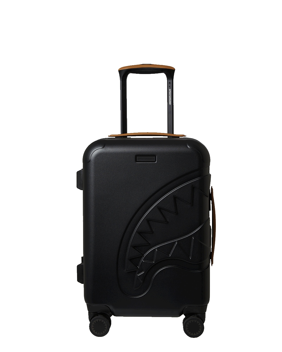 Front view of Sharkitecture Jetstream hard shell suitcase with shark sculpture.