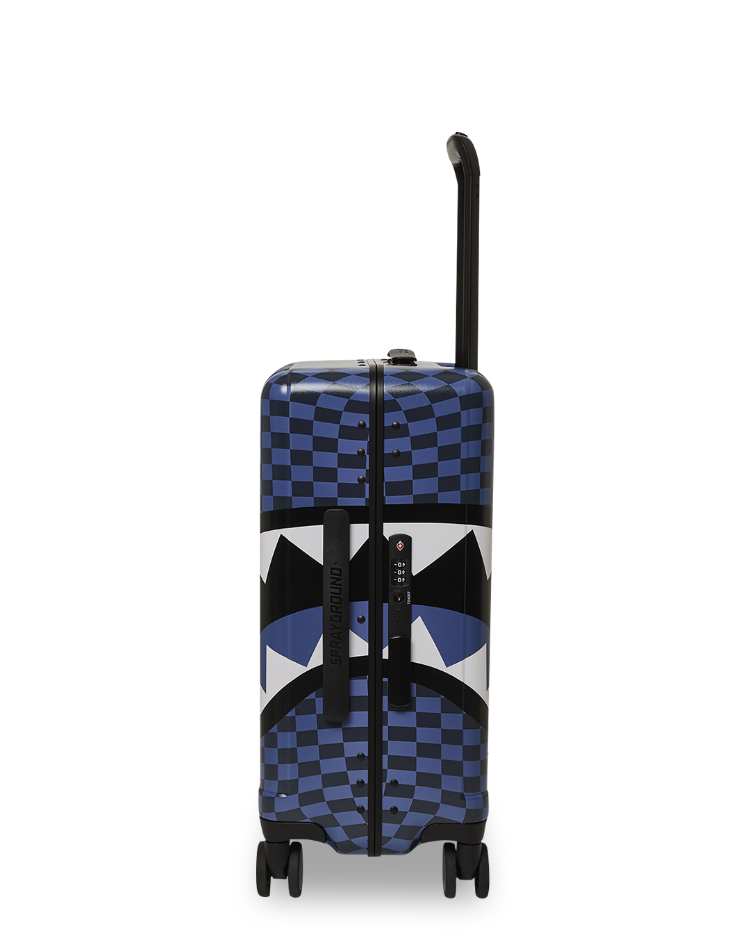 Rear view of Midnight Magic sharks in Paris hard shell luggage with spinner wheels on airport floor