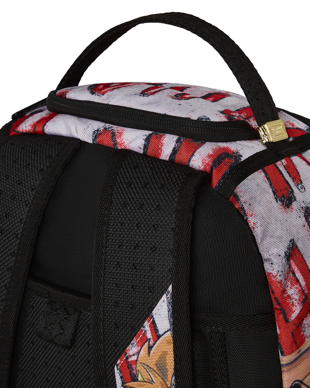 Front view of Harley Quinn backpack showing gold zippers and front pocket
