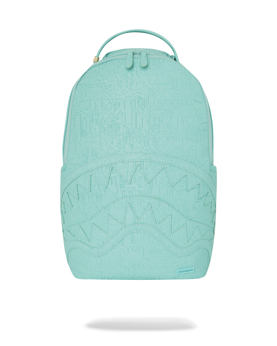 Front view of faux leather mini backpack with graffiti embossing and sharkmouth pocket