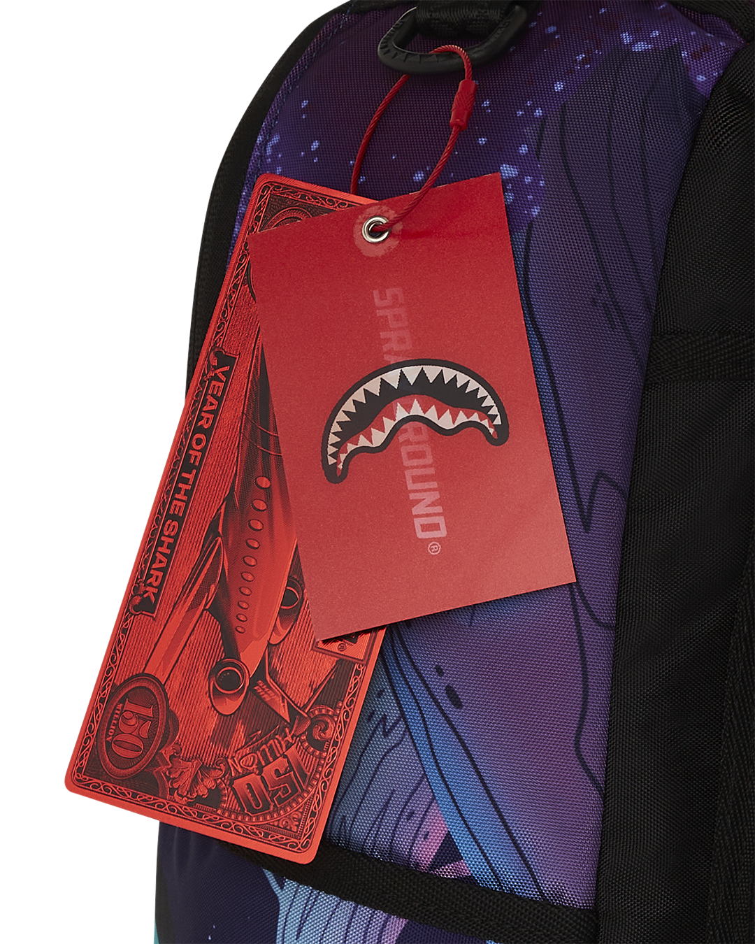 Front view of Marvin the Martian backpack with cartoon design and gold zippers