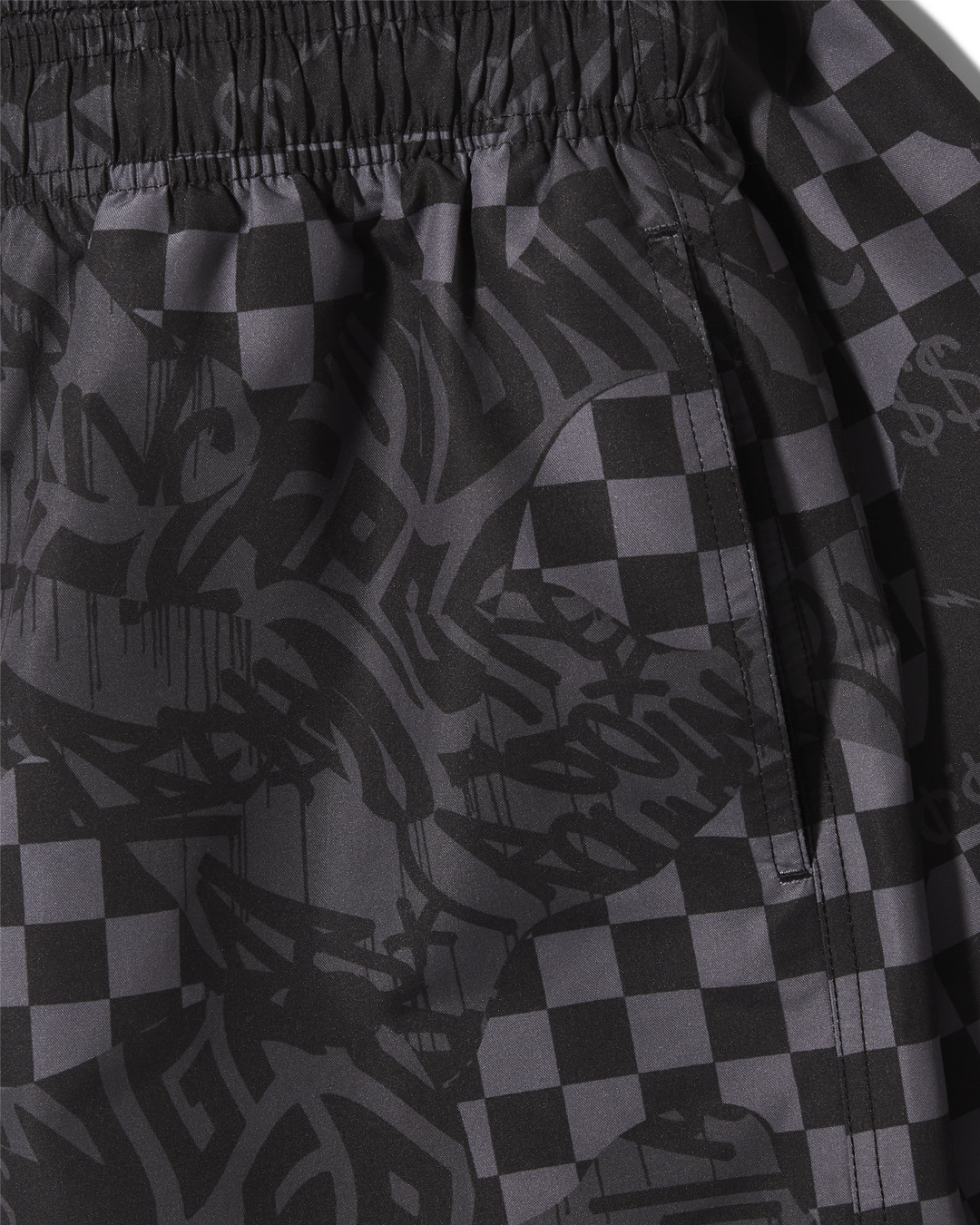 Close-up of the branded elastic waistband and side pockets