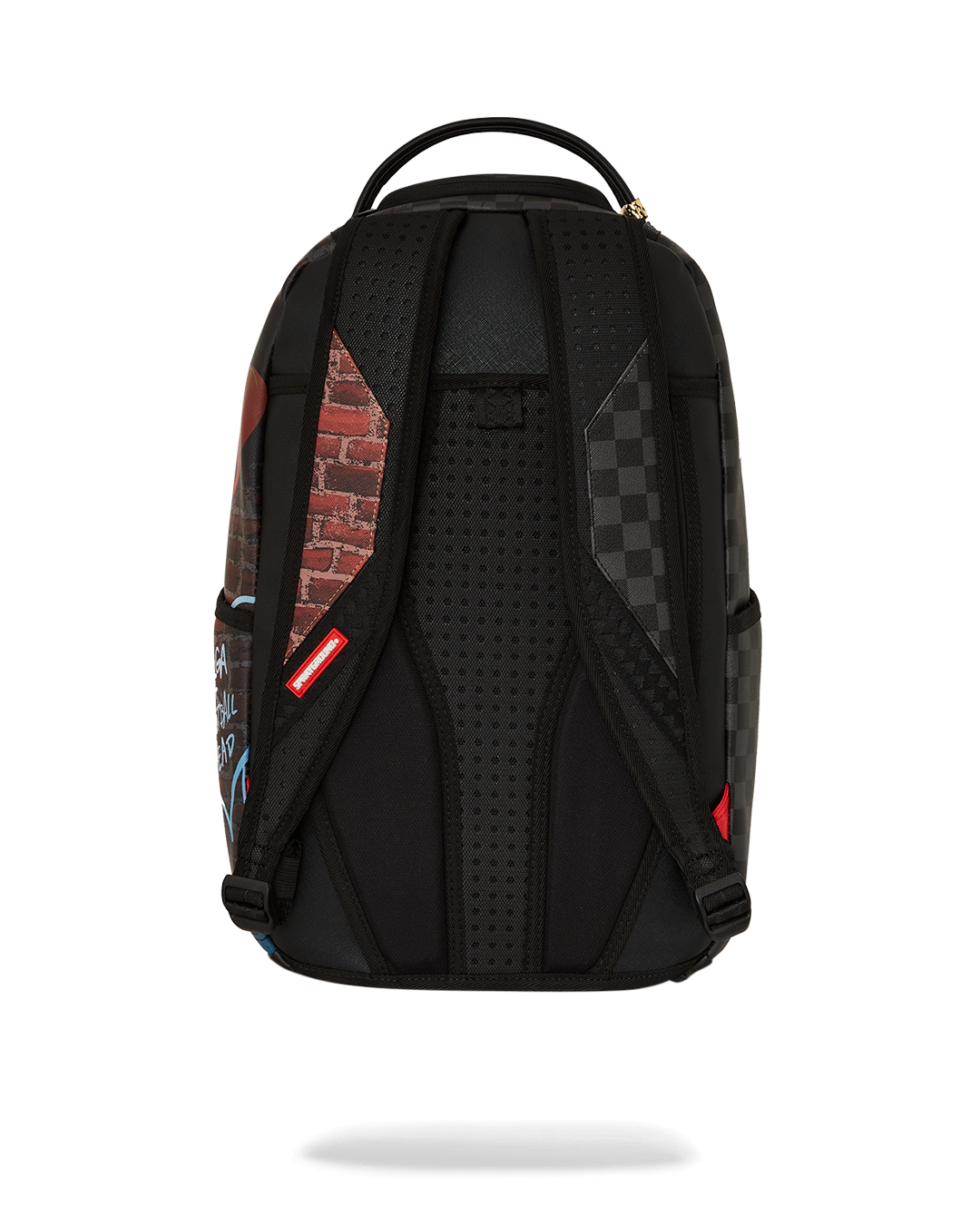Side view of faux leather mini backpack with Gerald print and gold zippers