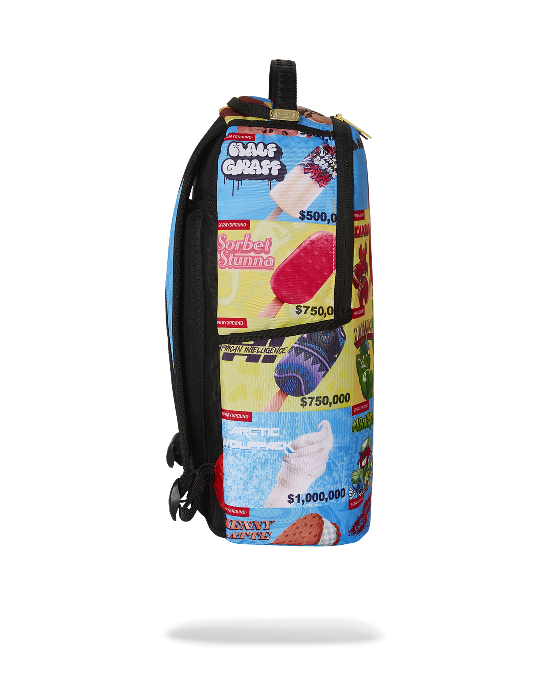 Sprayground backpack open to reveal velour laptop compartment and mesh organizer