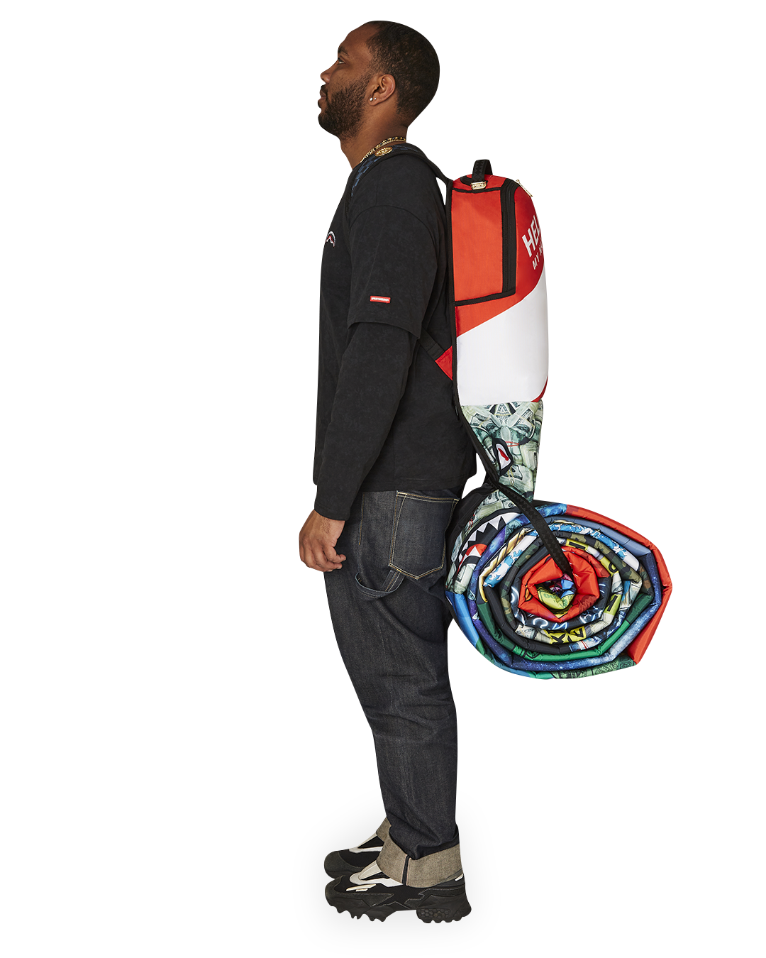 Front view of the limited edition Sprayground backpack with vibrant art designs.