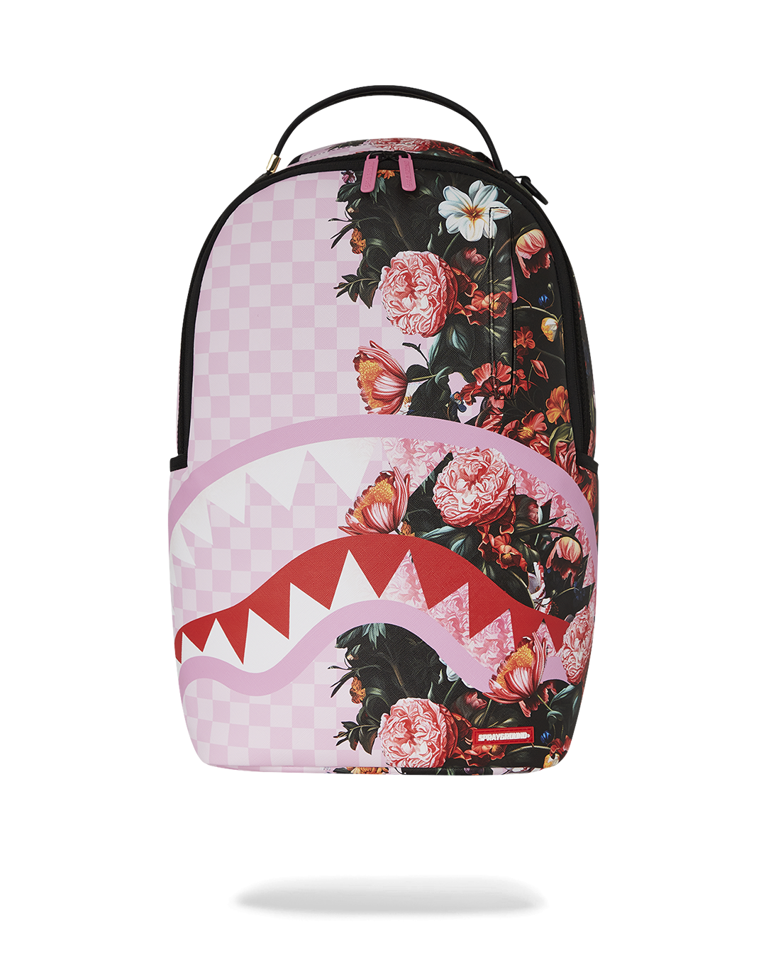 Front view of Jardin de Flores faux leather travel backpack with gold zippers