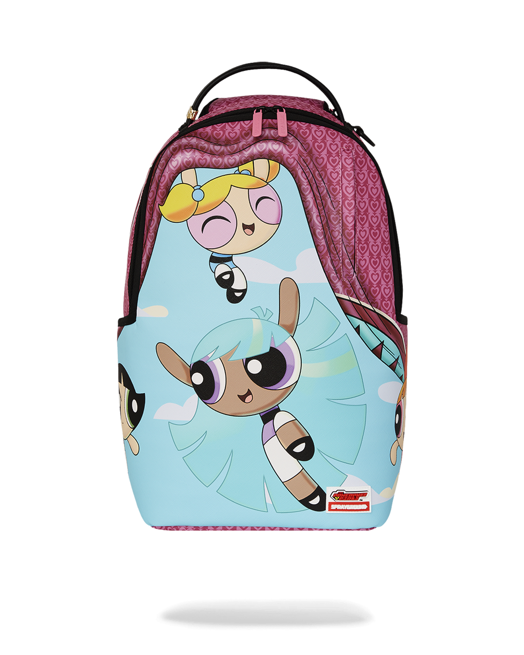 Front view of Powerpuff Girls faux leather backpack showcasing gold zippers.