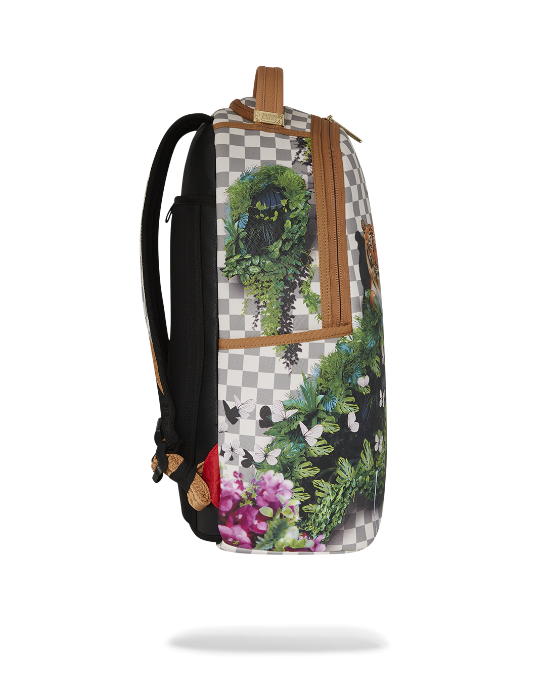 Open interior view showing laptop pocket and mesh organizer inside faux leather backpack