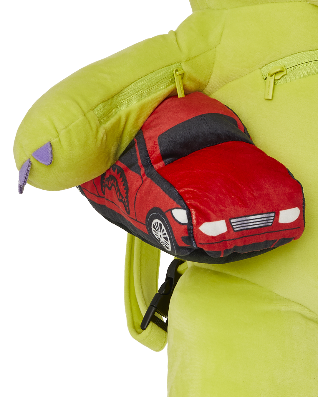 Close-up of backpack plush fabric and zippered pockets