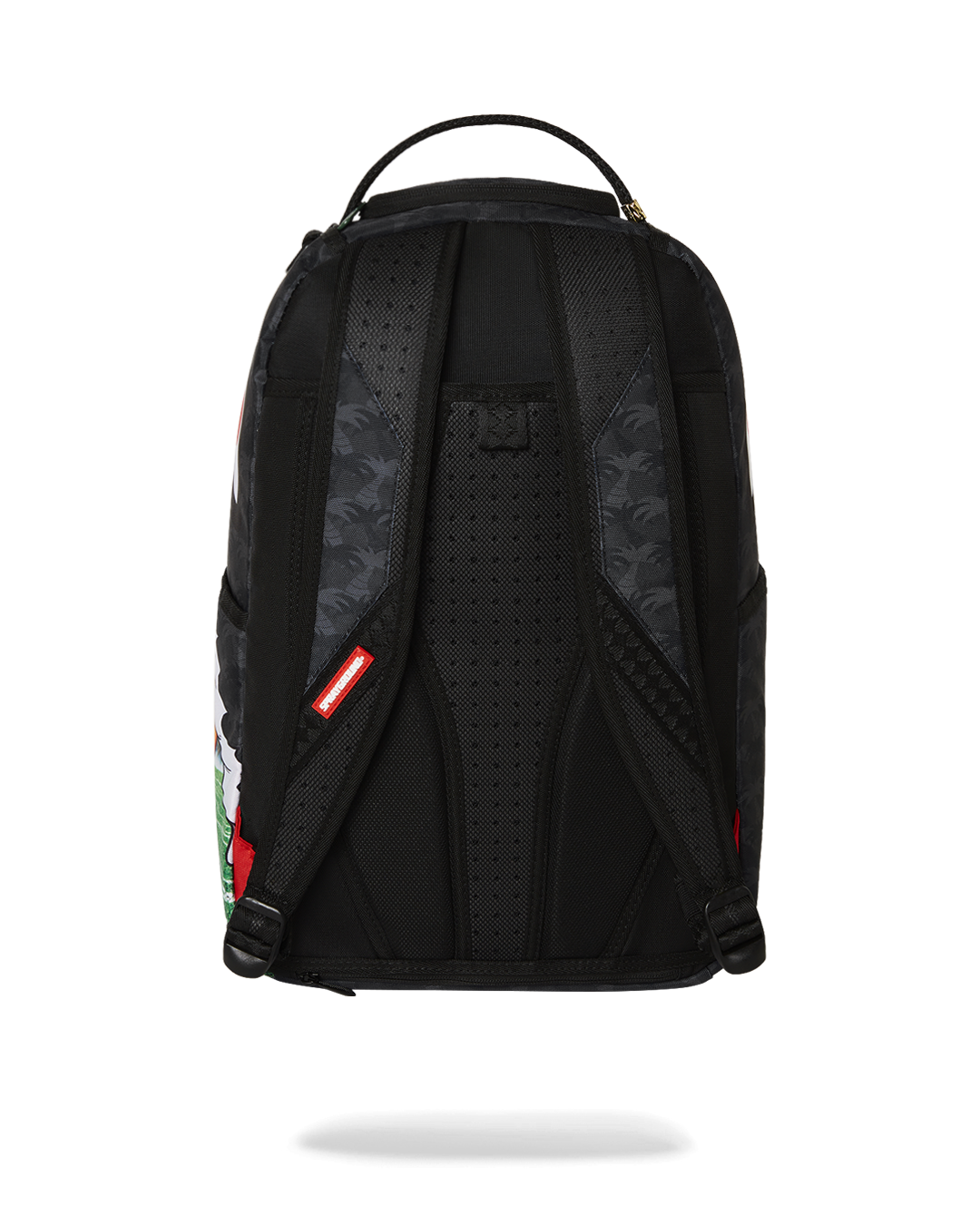 Front view of the pink Sprayground backpack showcasing zippers and pockets.