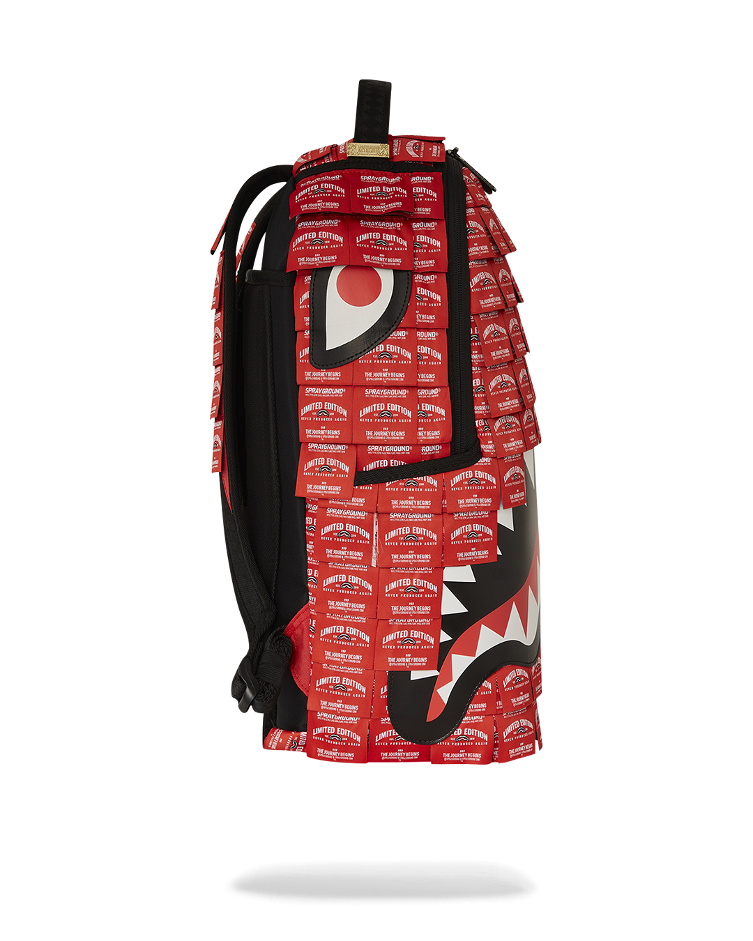 Side profile showing adjustable straps and water-resistant faux leather shell.