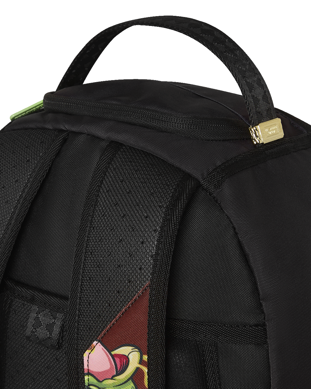 Rick and Morty backpack shown front-on with side pockets and gold zippers