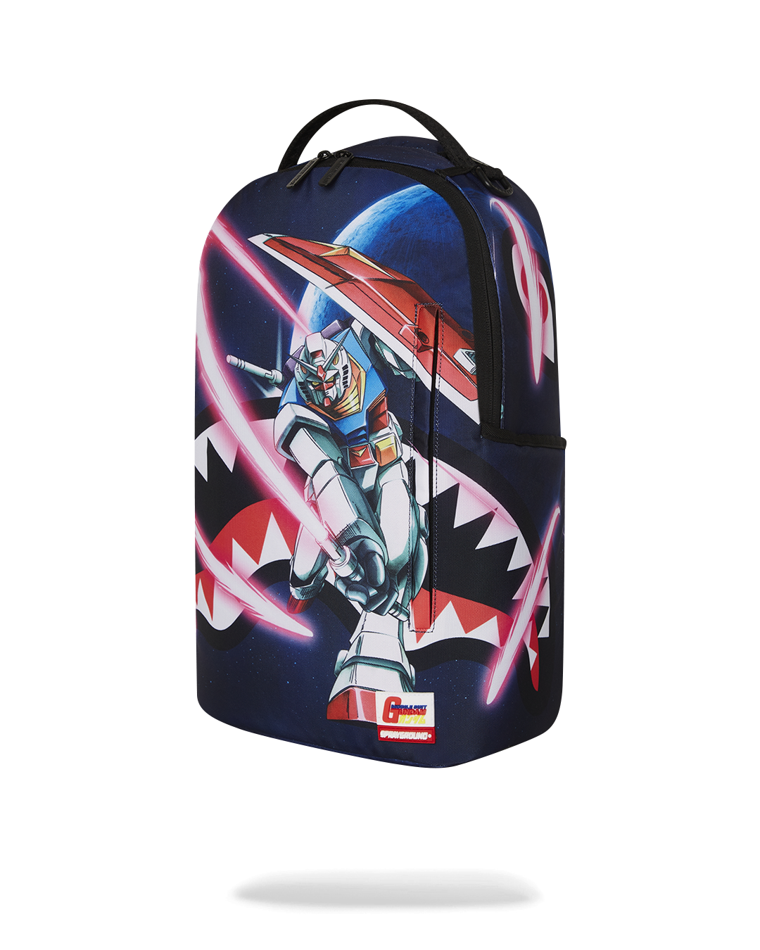 Side angle of the backpack highlighting adjustable straps and velour sunglass compartment.