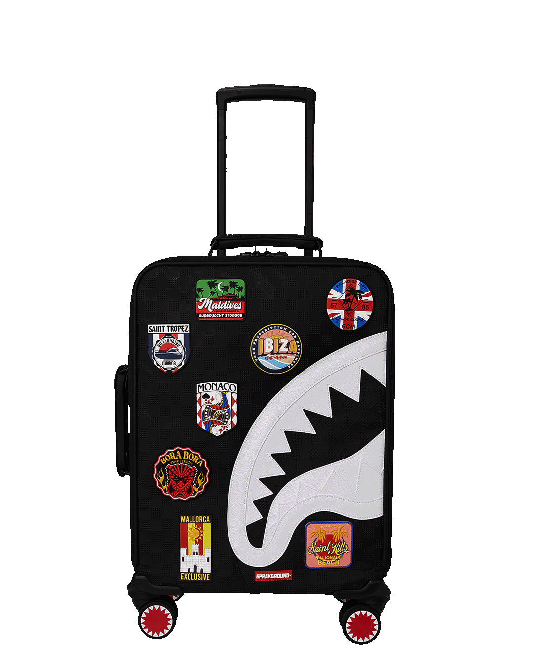 Front view of luxury travel bag showing embossed logo and shark patch