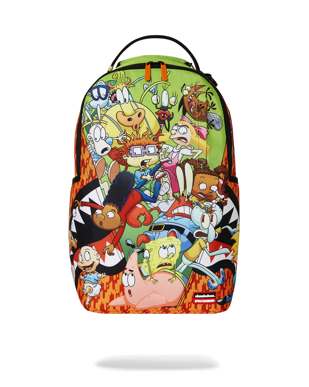 Front view of the sprayground nickelodeon backpack showing bold character graphics.