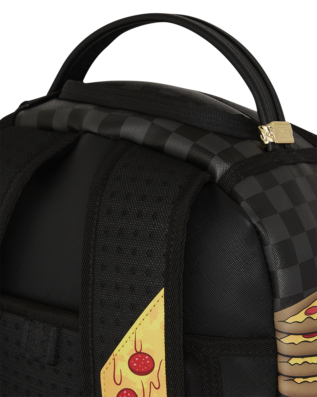 Side angle of the leather faux backpack showing Garfield and pizza graphic detail.