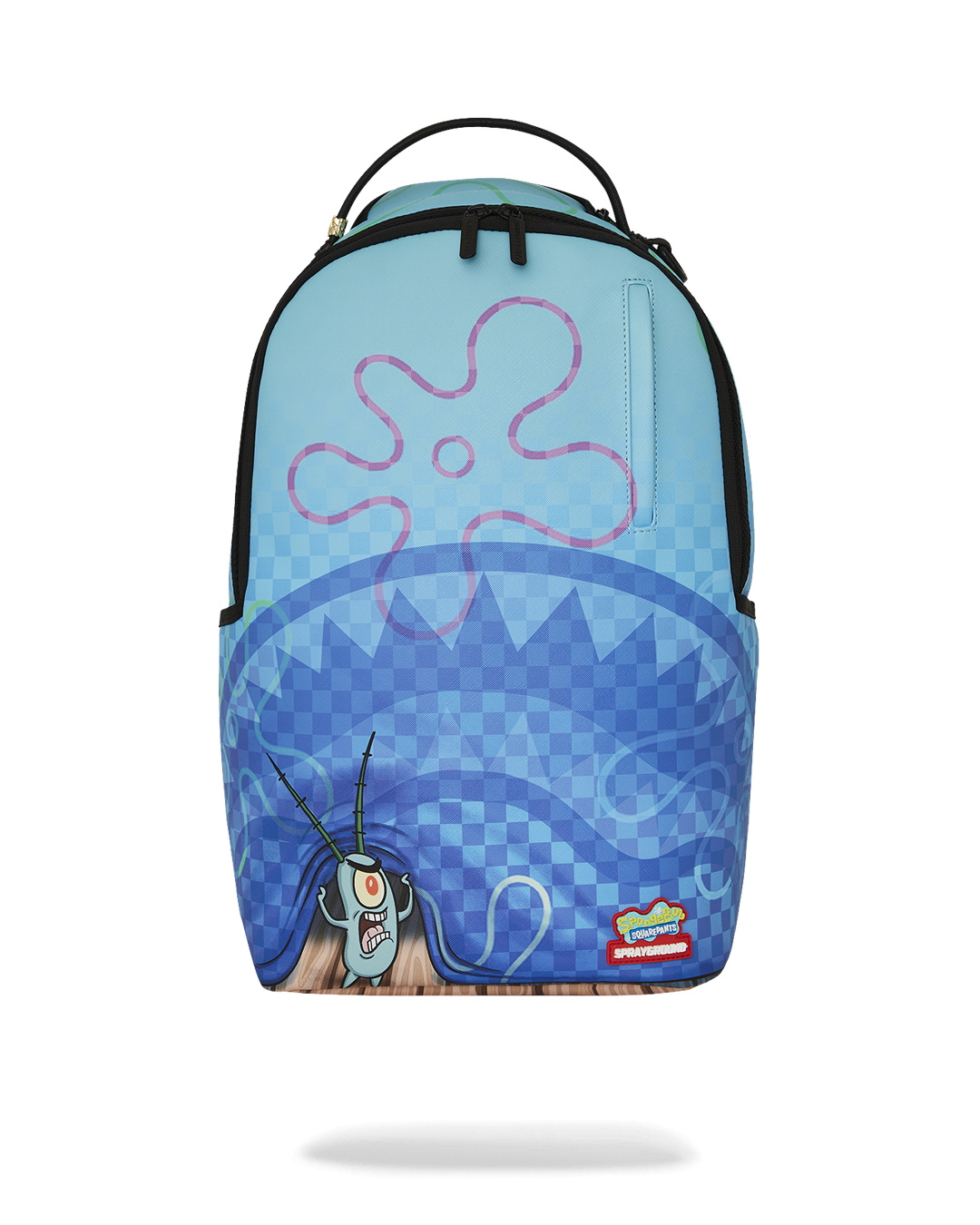 SpongeBob Sprayground backpack front view with gold zippers