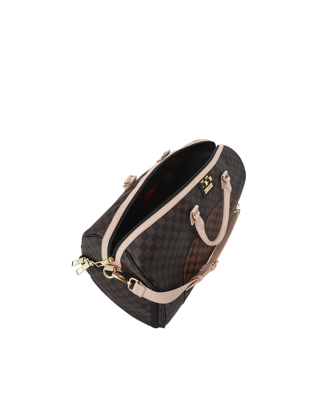 Side view of the adjustable straps on the faux leather travel bag.