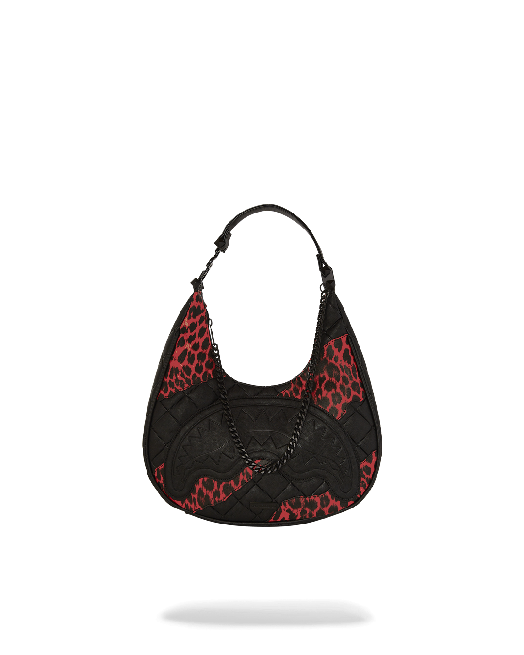 Front view of the shoulder bag showing quilted leopard detailing and sharkmouth embossing