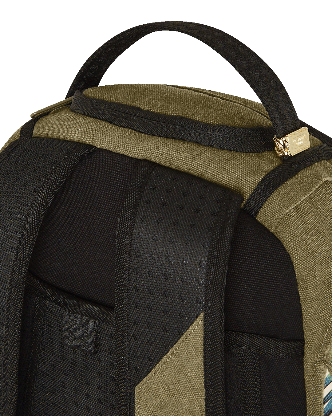 Front angle of black tactical backpack showing shark patch and fringe details