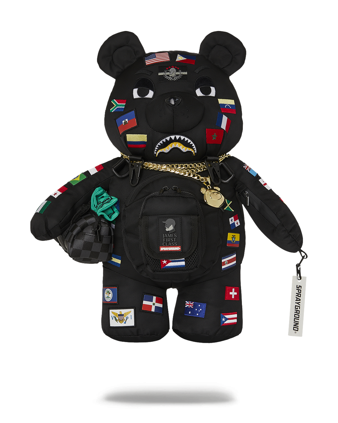 Front view of the teddy bear backpack with international flags embroidered, highlighting the playful design and water-resistant fabric.