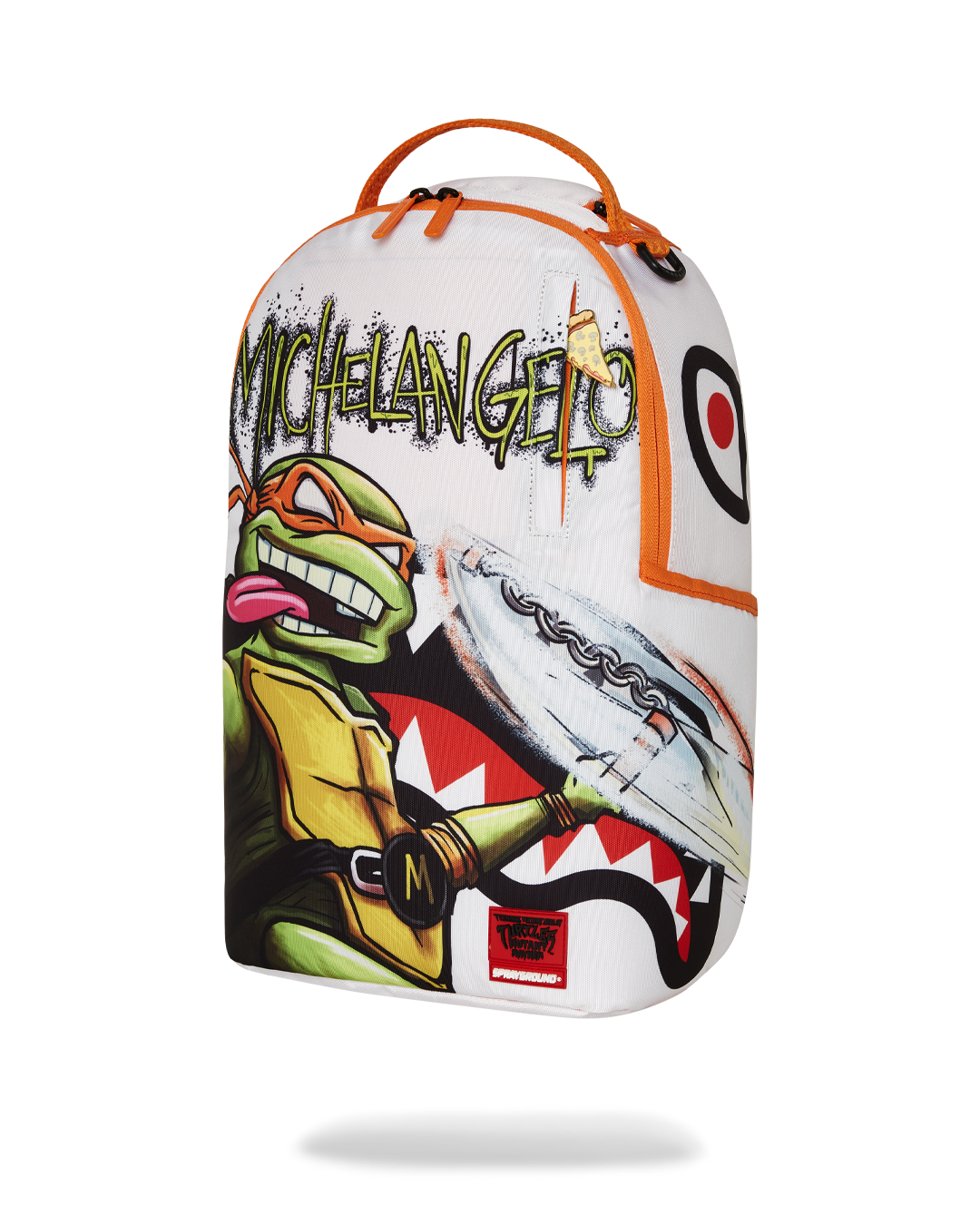 Sprayground TMNT Mikey Party Deluxe Backpack in pink - side view showing ergonomic mesh back padding