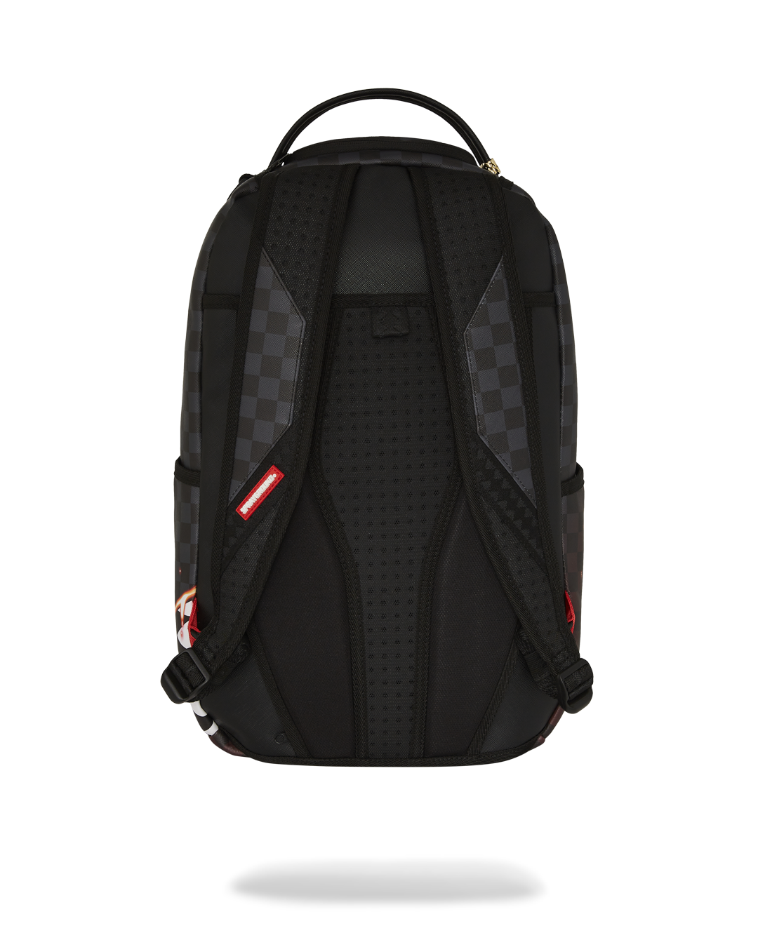 Superman faux leather backpack displayed on a wooden bench, showcasing front pockets.