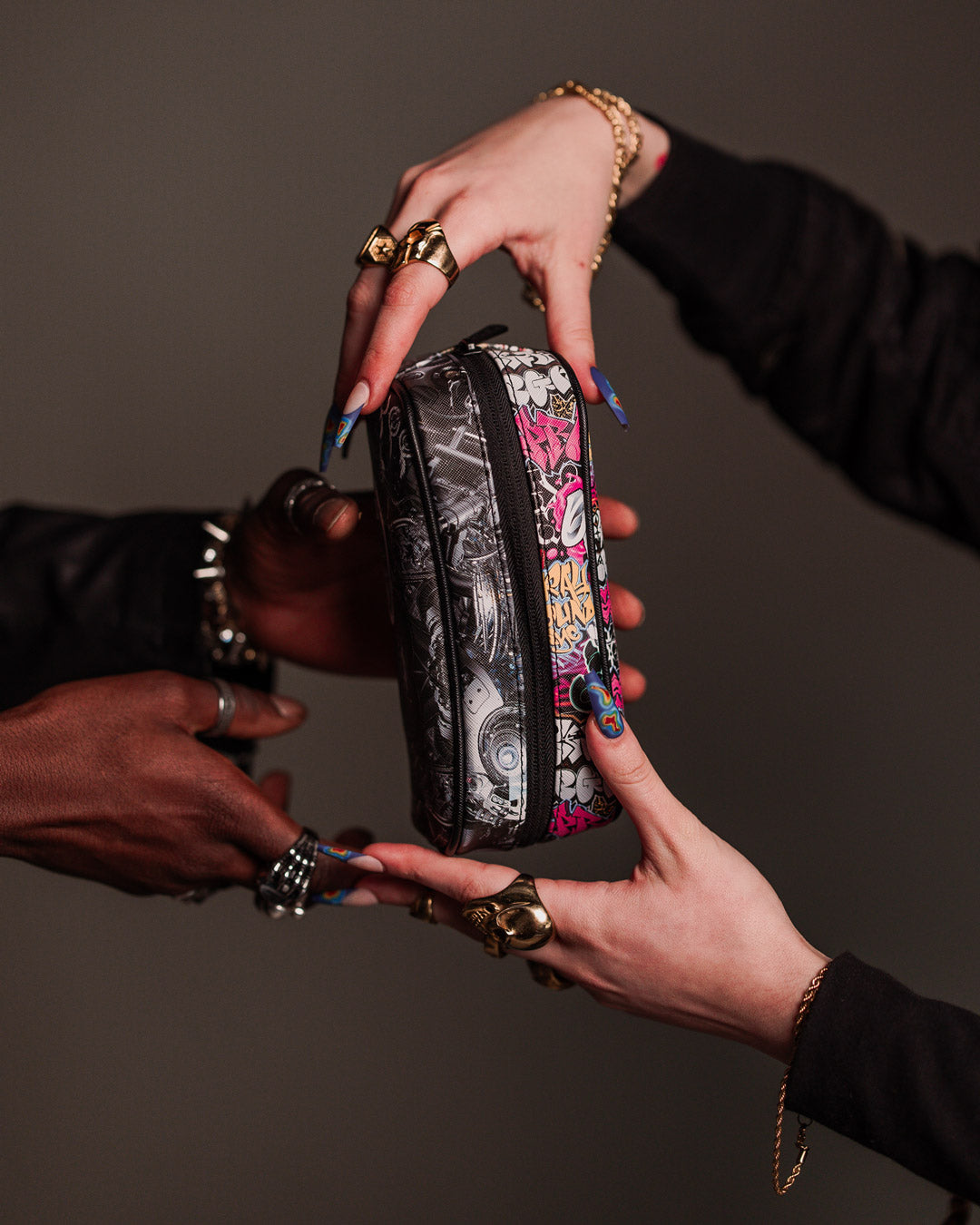 Pouch tucked inside a designer handbag as a makeup organizer