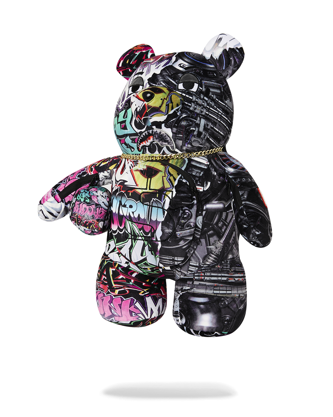 Side angle of plush backpack highlighting arm zipper and strap adjustment