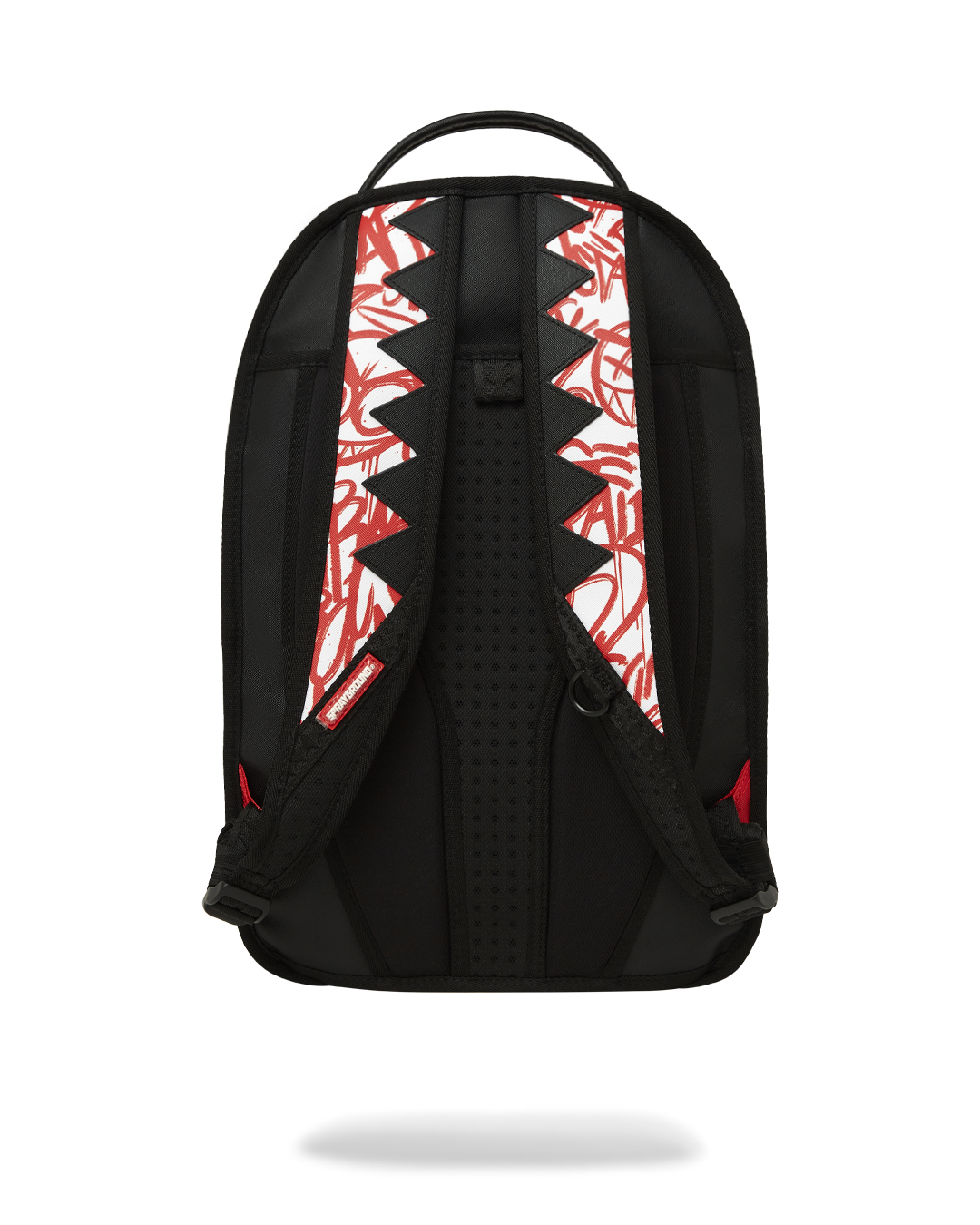 Clear Sprayground backpack with Diablo artwork on back panel, front view.