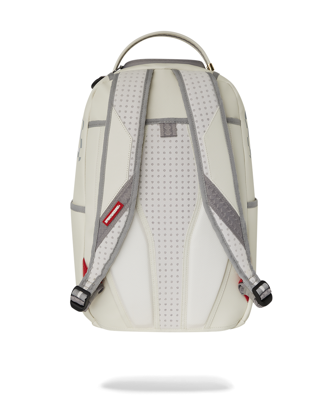 Front view of mens leather backpack with gold zippers and urban styling.
