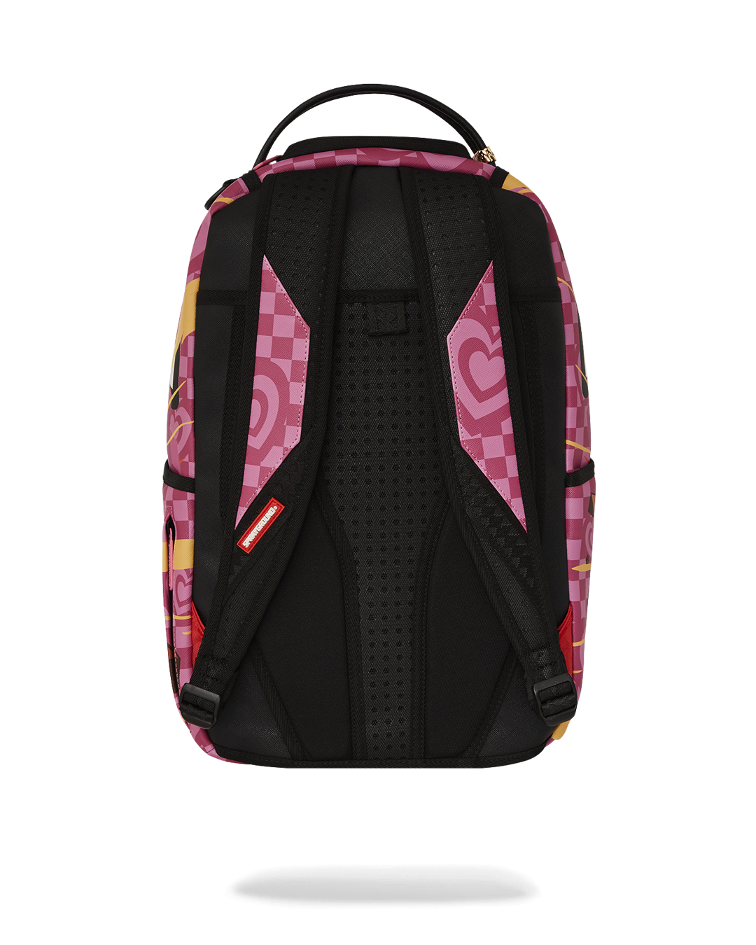 Front view of faux leather backpack showing gold zippers and ergonomic mesh padding