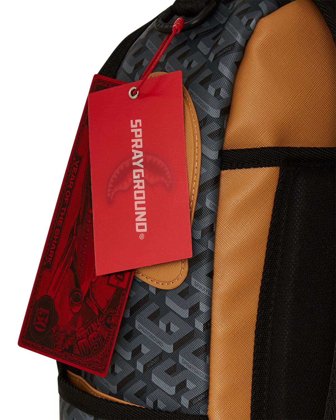 Front view of the faux leather backpack showing embossed design and gold zippers
