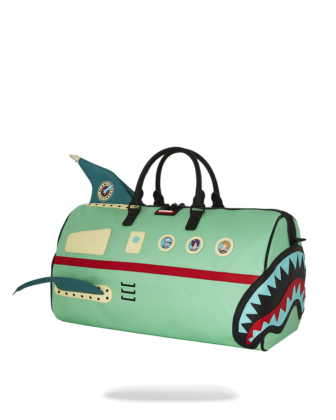 Futurama Planet Express duffle bag in use, packed with travel gear and clothing, demonstrating its spacious interior and durable construction.