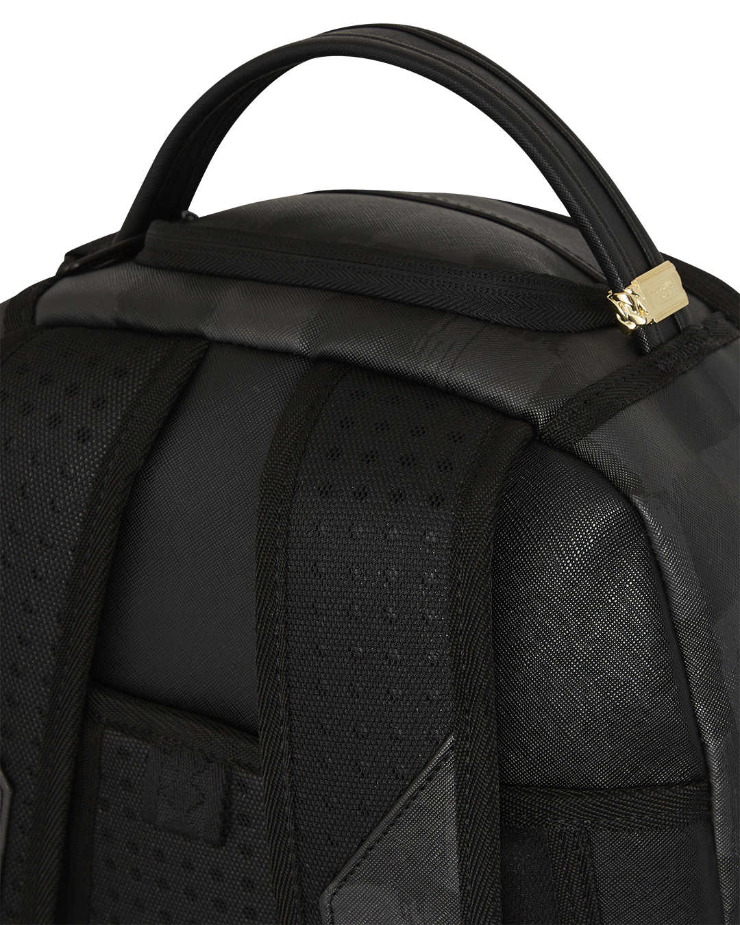 Front view of the faux leather backpack with Snoopy art and gold zippers