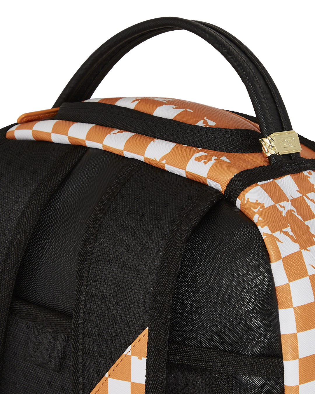 Front view of the faux leather checker backpack showing zipper pockets.
