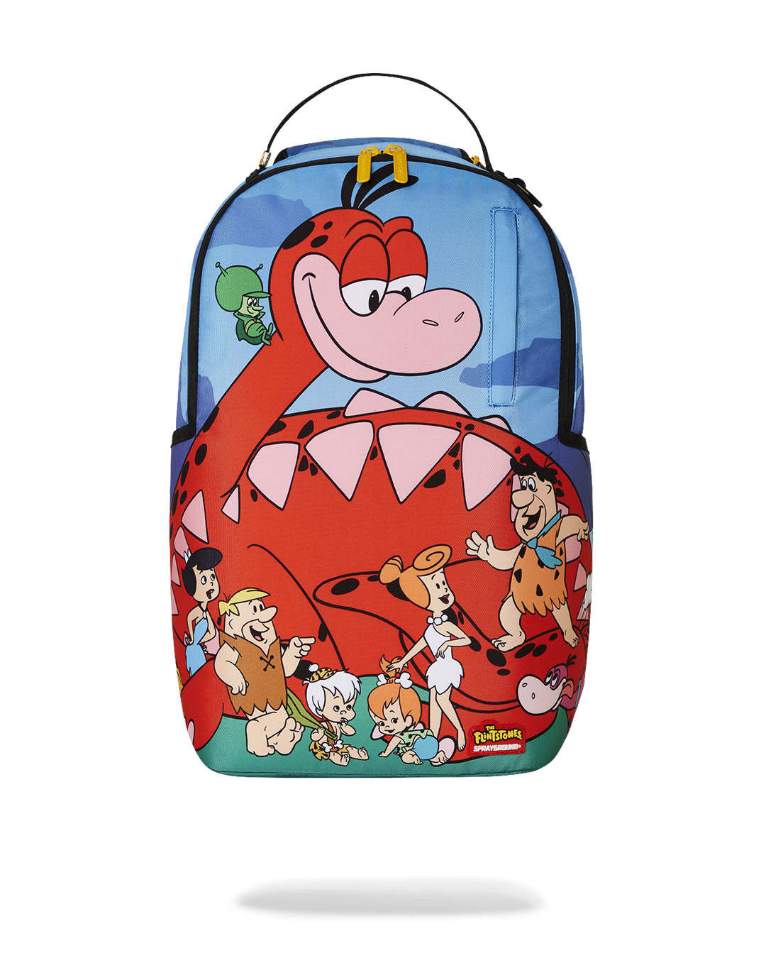 Front view of the pink Flintstones Dino Adventure Backpack with side pockets.